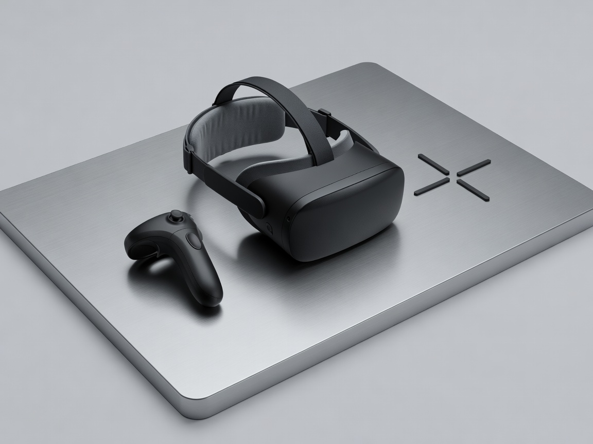 Soft-lit 3D render of a headset, controller and alignment marker arranged on a plain measurement bench