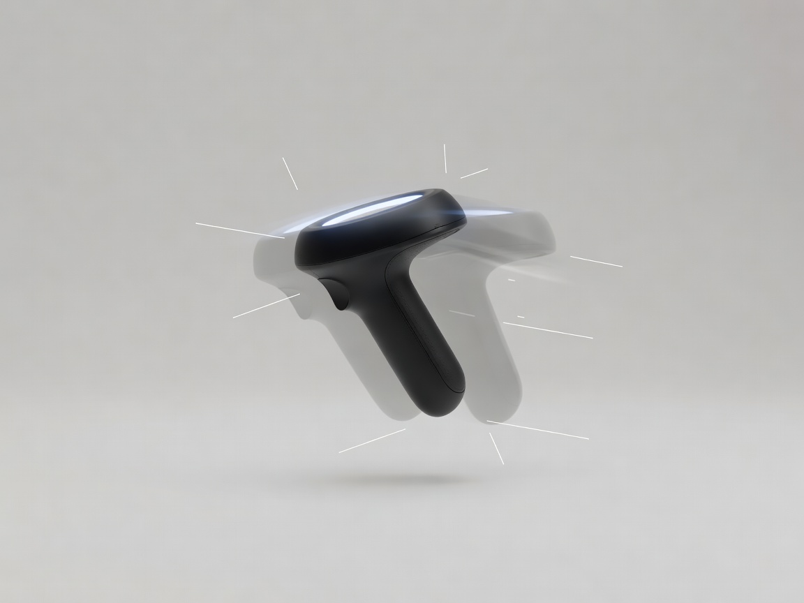 Soft-lit 3D render of a VR controller and subtle measurement marks on a plain neutral background