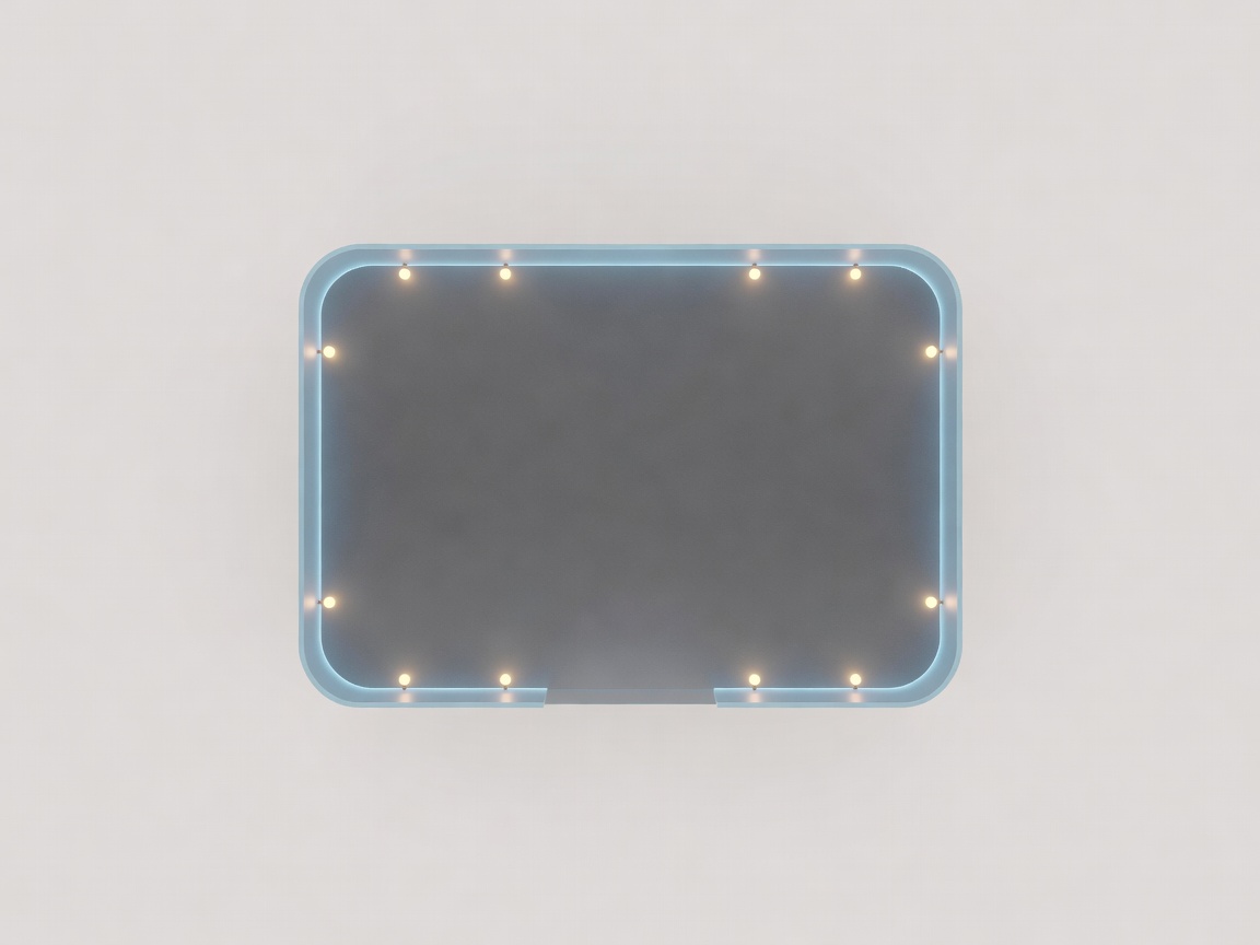 Soft-lit 3D render of a compact virtual competition space with boundary markers and sensor positions on a plain background